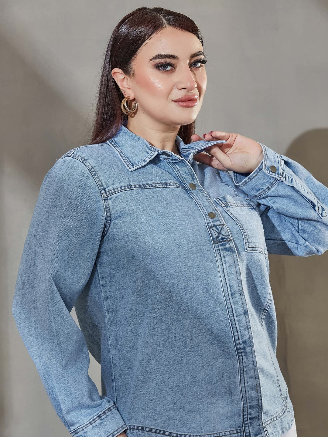 Light Blue Asymmetric Denim Shirt - Full Sleeves, Relaxed Fit, Collared for Women