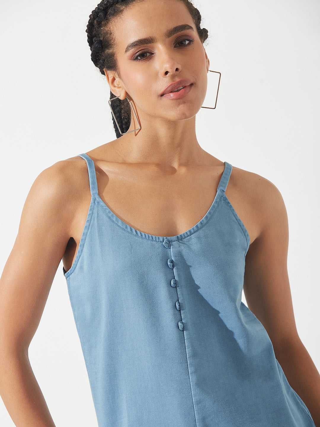 Light-Blue V Neck Sleeveless Cotton Solid Denim Spaghetti Top for Women
