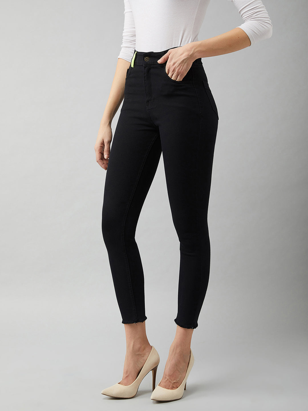 Women's Black Cotton Skinny-Fit Cropped High-Rise Stretchable Denim Jeans
