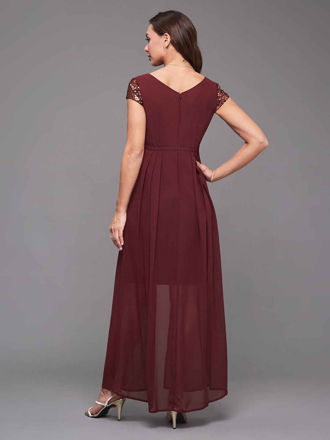 Wine Cap Sleeves Sequinned Dress with Cape