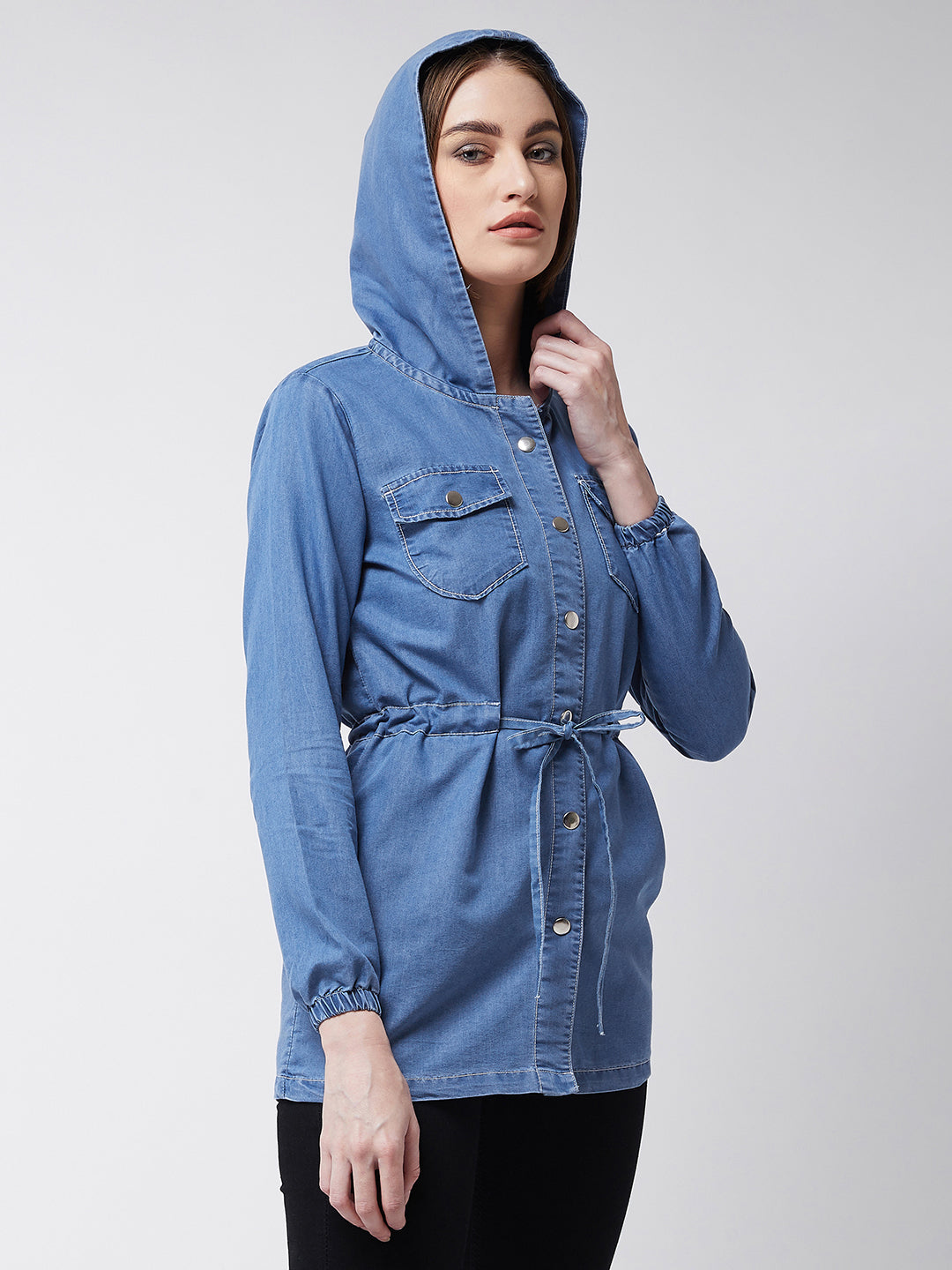 Light-Blue Round Neck Full Sleeve Solid hoody with tie-up Long Denim Jacket for Women