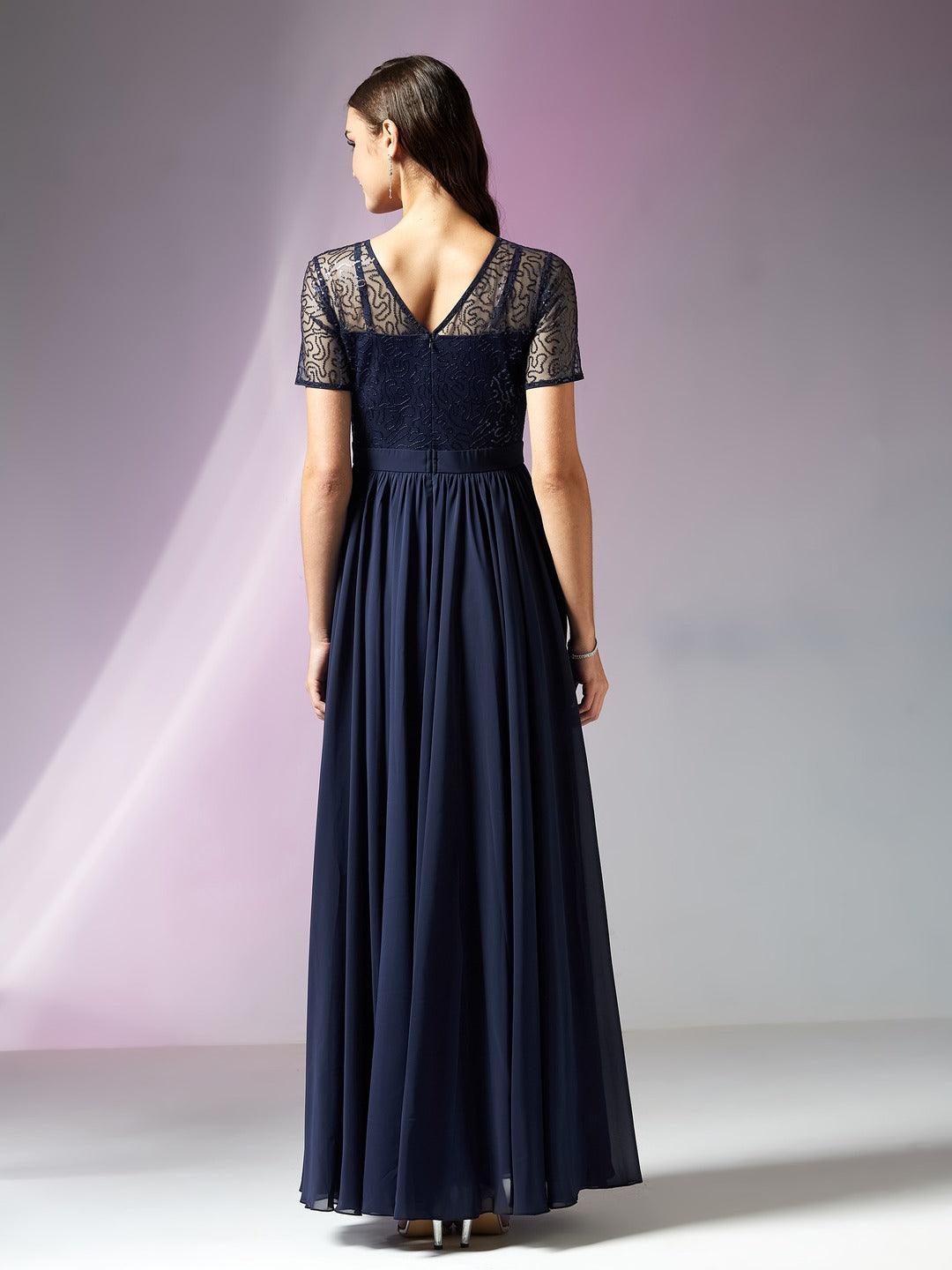 Navy-Blue Relaxed Fit Maxi Georgette & Sequins Dress for Women