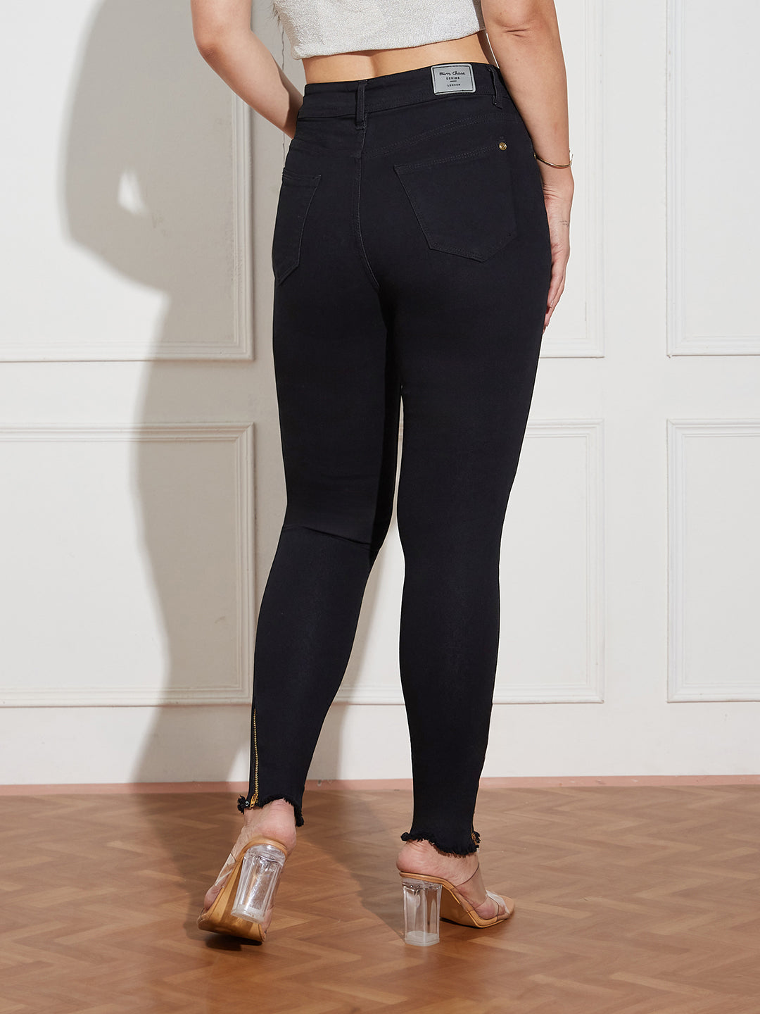Women's Black Slim Fit High Rise Regular Length Zipper And Raw Edge Detailing Stretchable Denim Jeans
