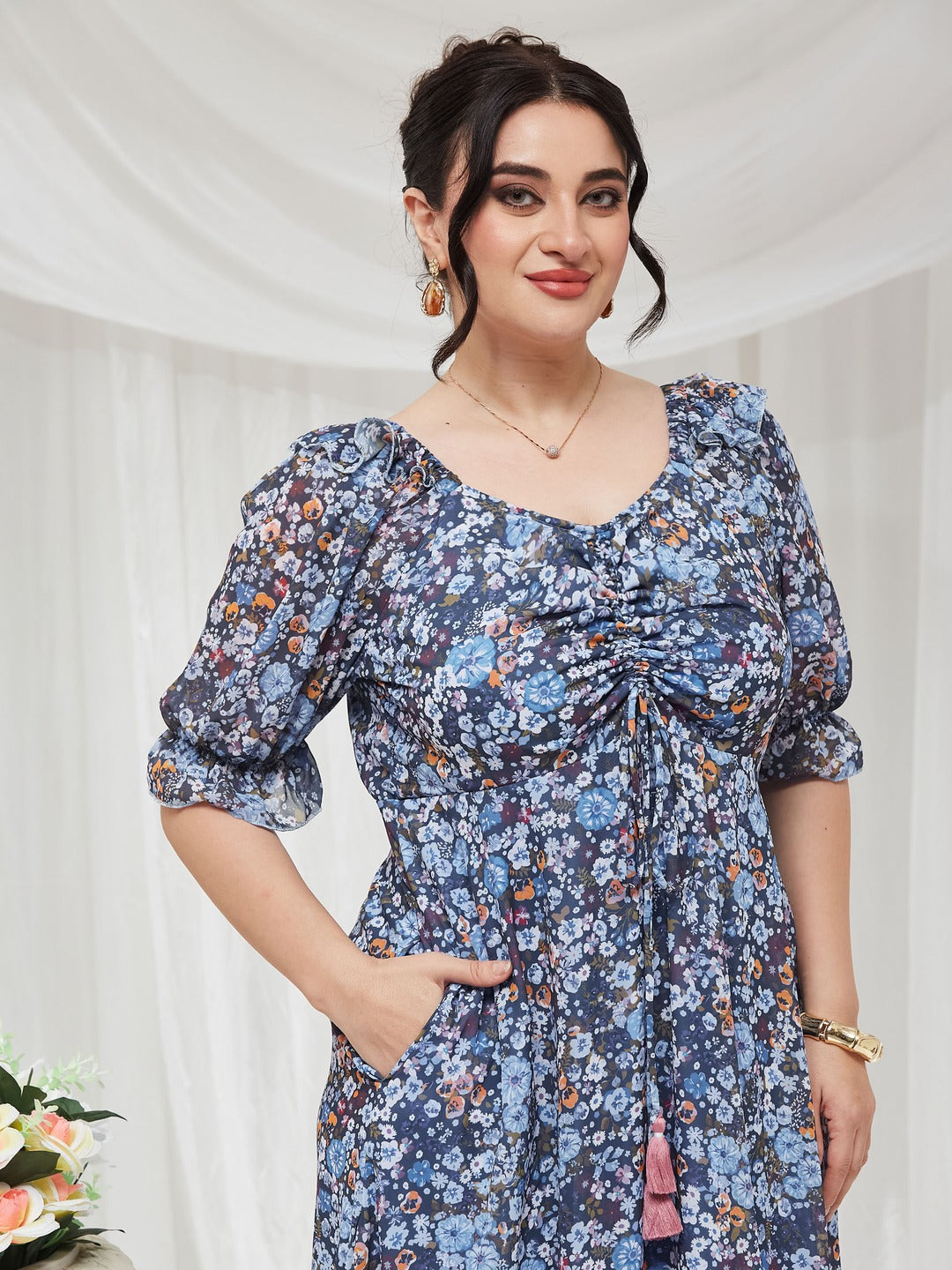 Navy Blue V-Neck Puff Sleeve Floral Ruching Ankle-Length Dress for Women — Miss Chase A+