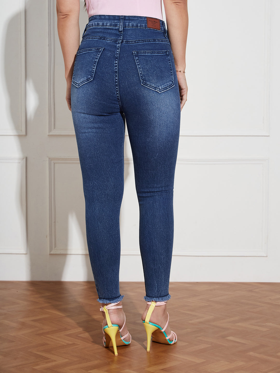 Women's Navy Blue High Rise Clean Look Cropped Stretchable Denim Skinny Jeans