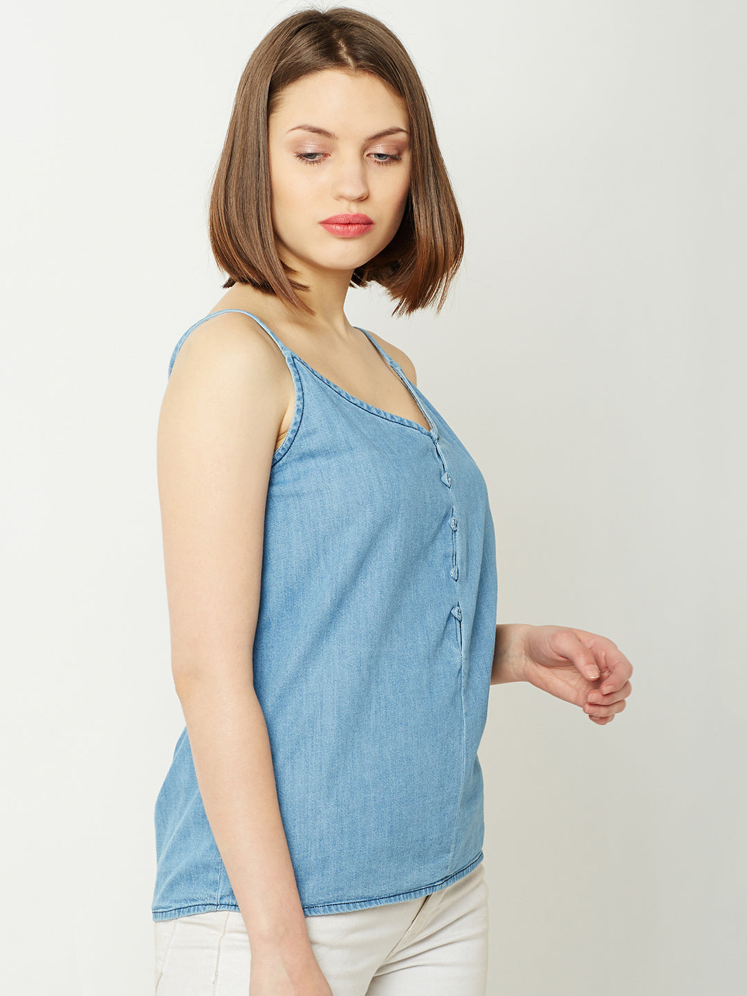 Light Blue V Neck Sleeveless Cotton Solid Denim Spaghetti Top For Women