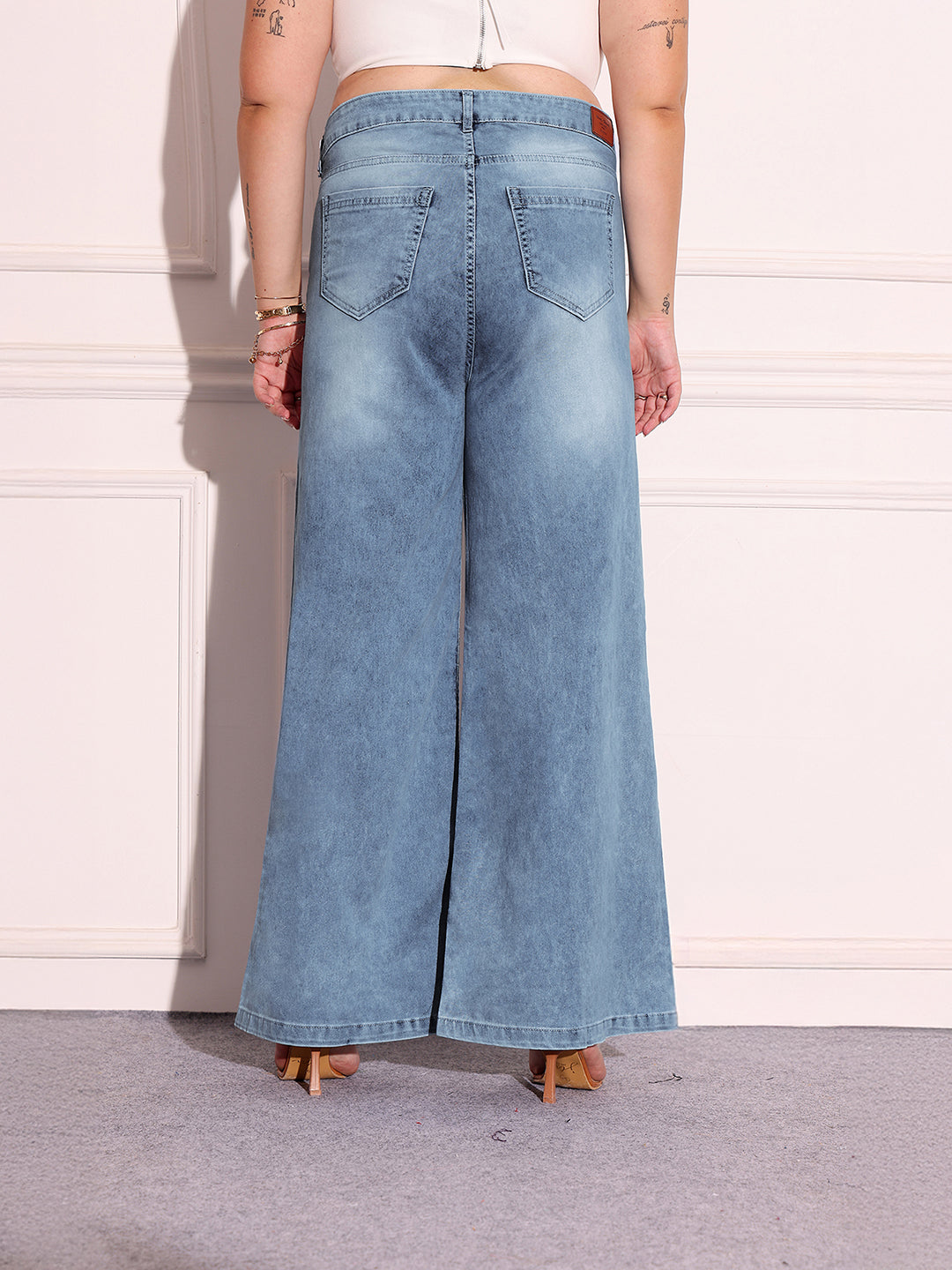 Women's Light Blue High-Rise Stretchable Denim Wide-Leg Shaping Jeans
