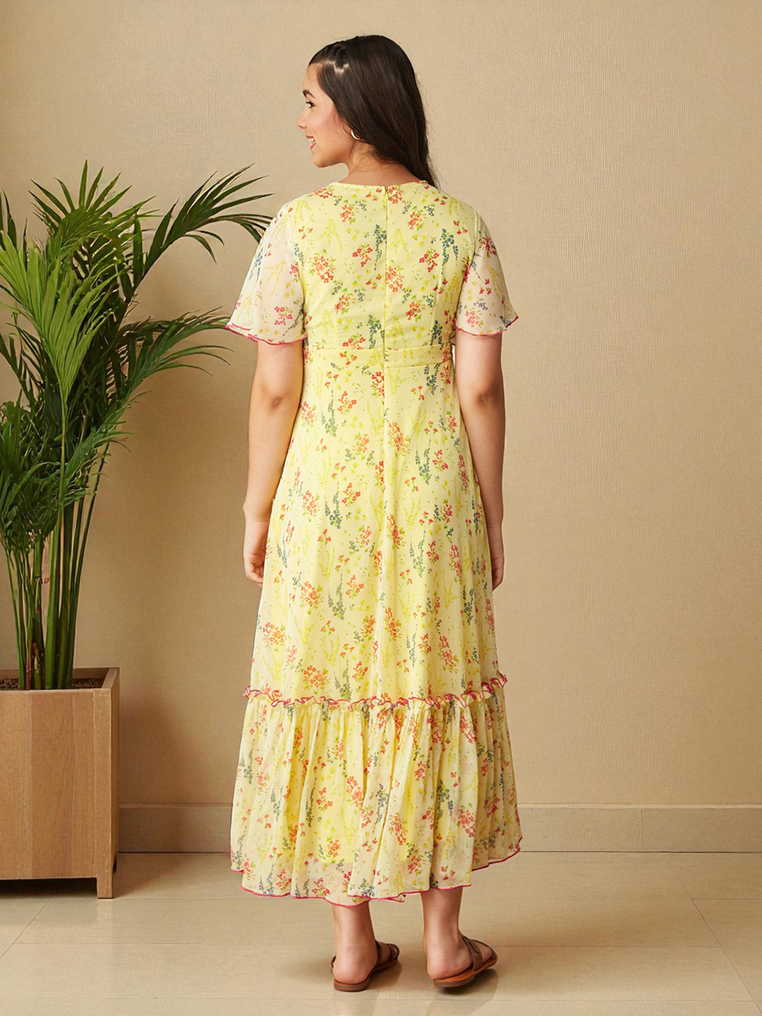 Multicolored-Base-Yellow V Neck Flared Sleeve Floral Wrap Maxi Dress for Girls/Teenagers for Women — Mizuki
