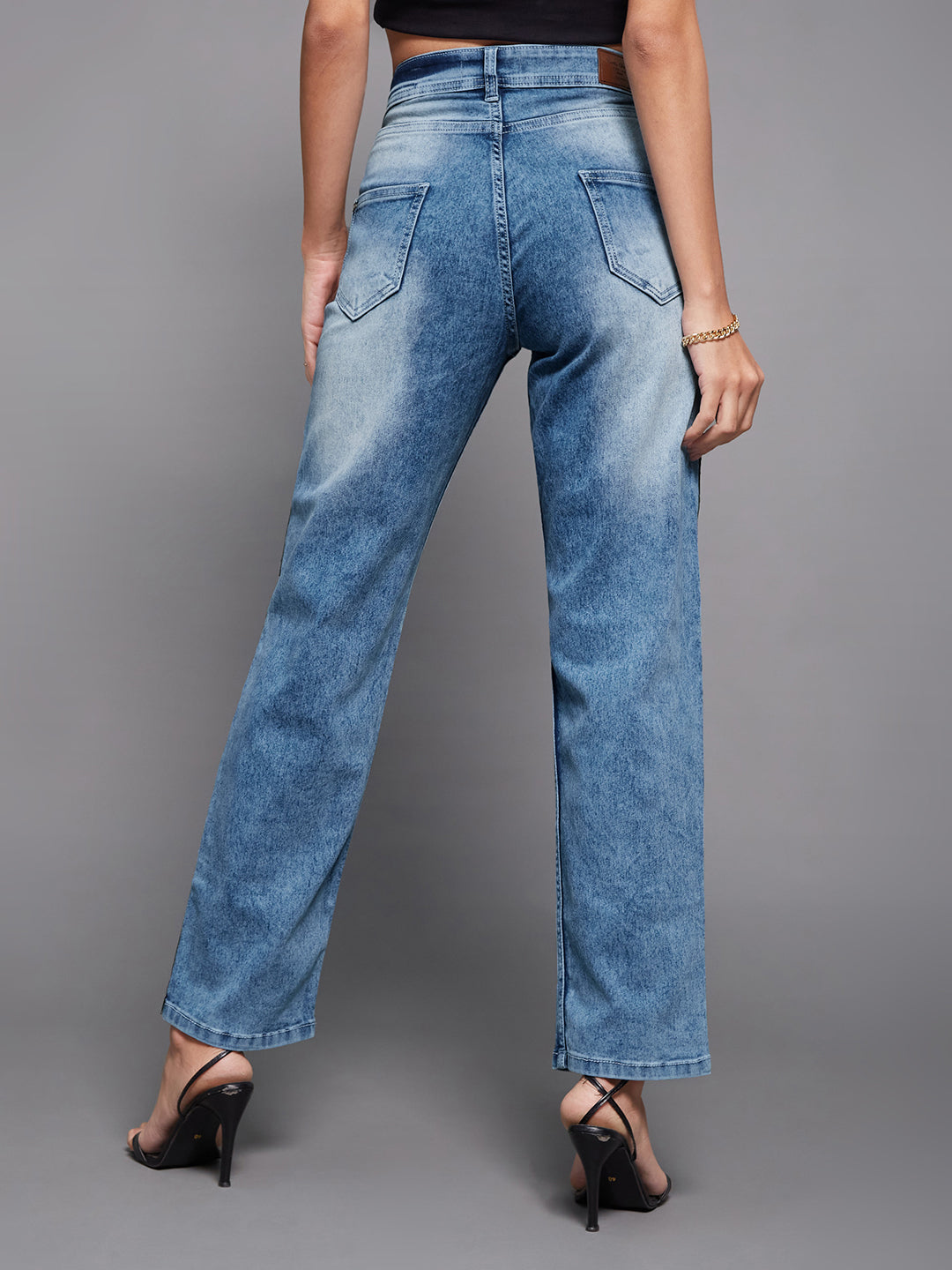 Women's Light Blue Slim High-Rise Blast Effect Twill Tape Detailing Stretchable Denim Jeans