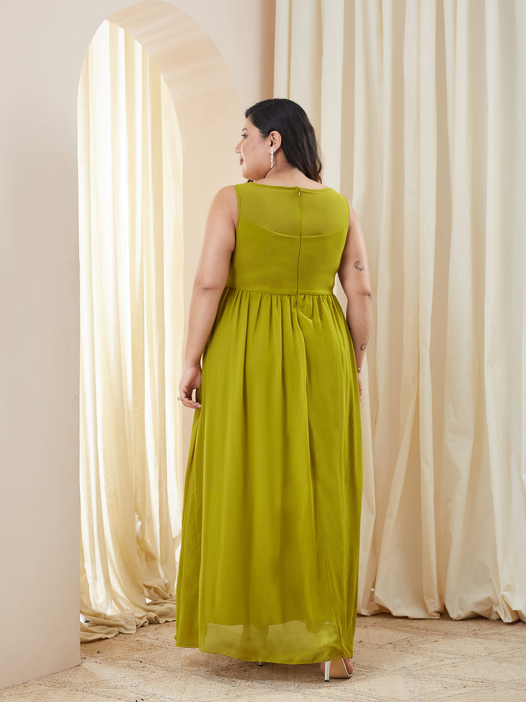 Lemon Green Boat-Neck Sleeveless Embroidered Georgette Gathered Maxi Dress for Women — Miss Chase A+