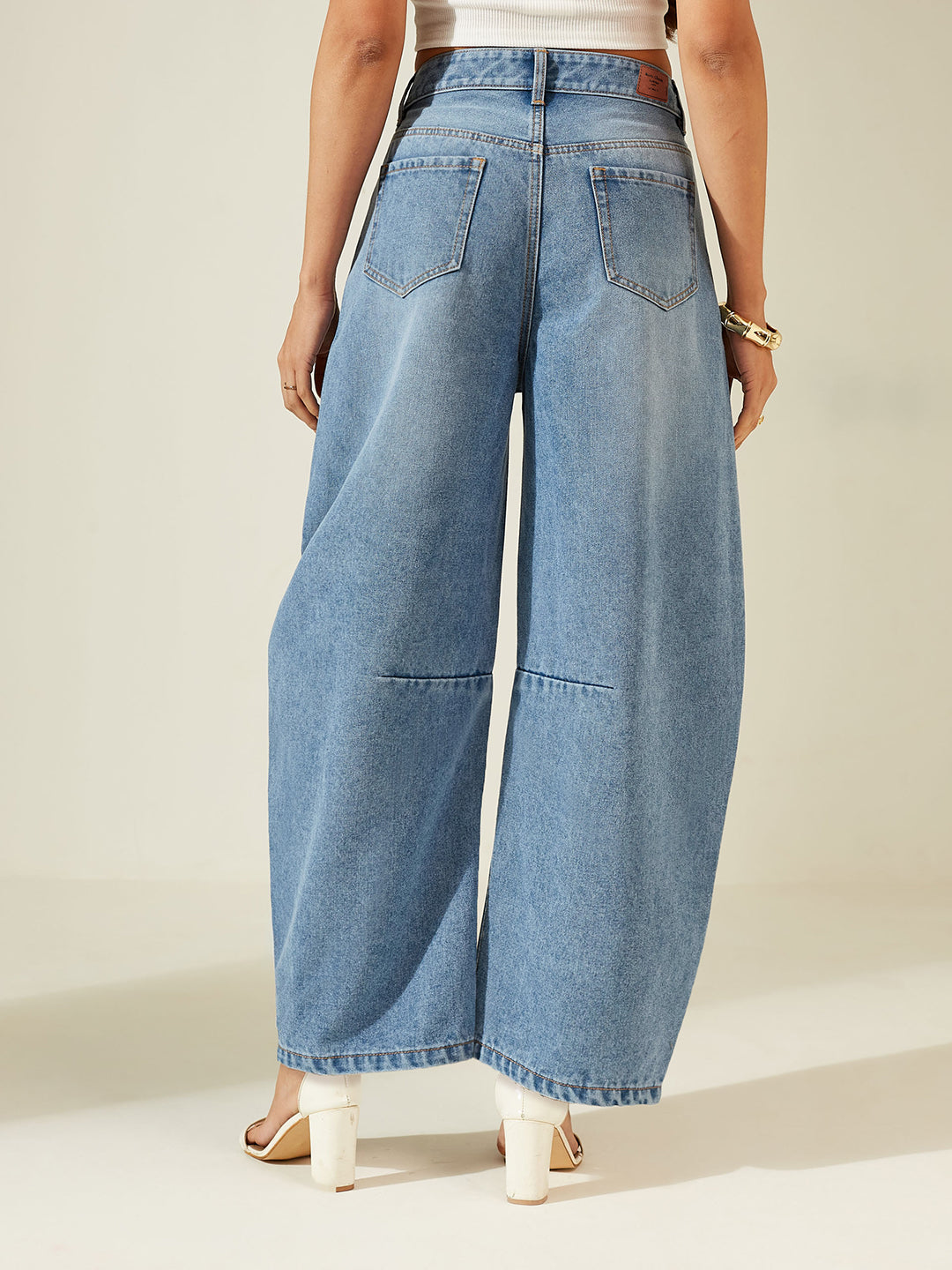 Women’s Mid Blue High Rise Barrel Fit Denim Jeans with Whiskering & Knee Dart Detailing