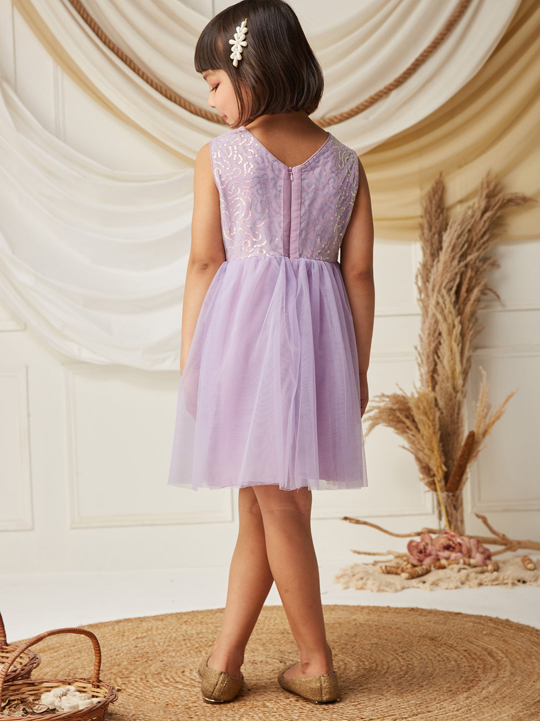 Lavender Round-Neck Sleeveless Embellished Fit & Flare Polyester Knee-Long Dress