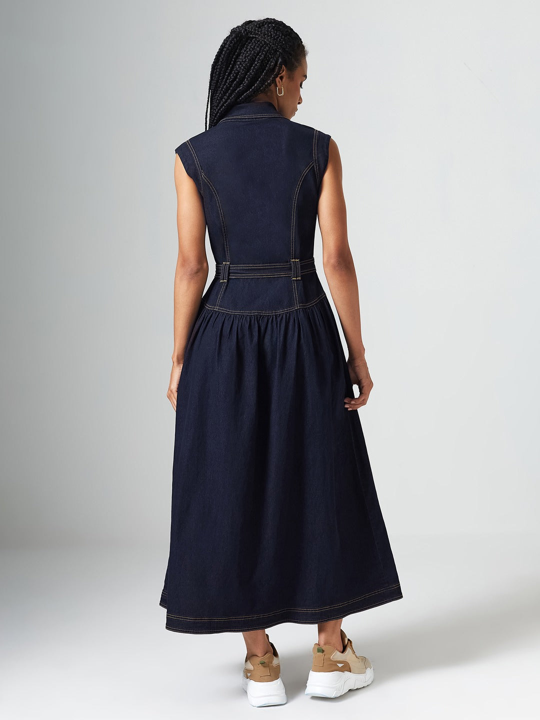 Dark Blue Notched-Collar Sleeveless Solid Drop Waist Maxi-Length Light Weight Denim Shirt Dress for Women