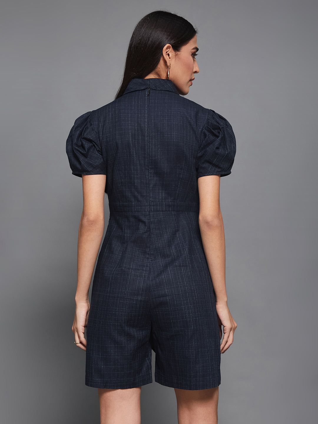 Navy-Blue Shawl-Collar Half-Sleeve Self-Designed Overlapped Knee-Long Playsuit for Women