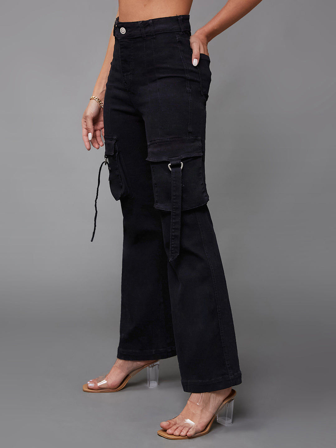 24/7 Comfort Black Bell-Bottom Bootcut High-Rise Stretchable Denim Jeans