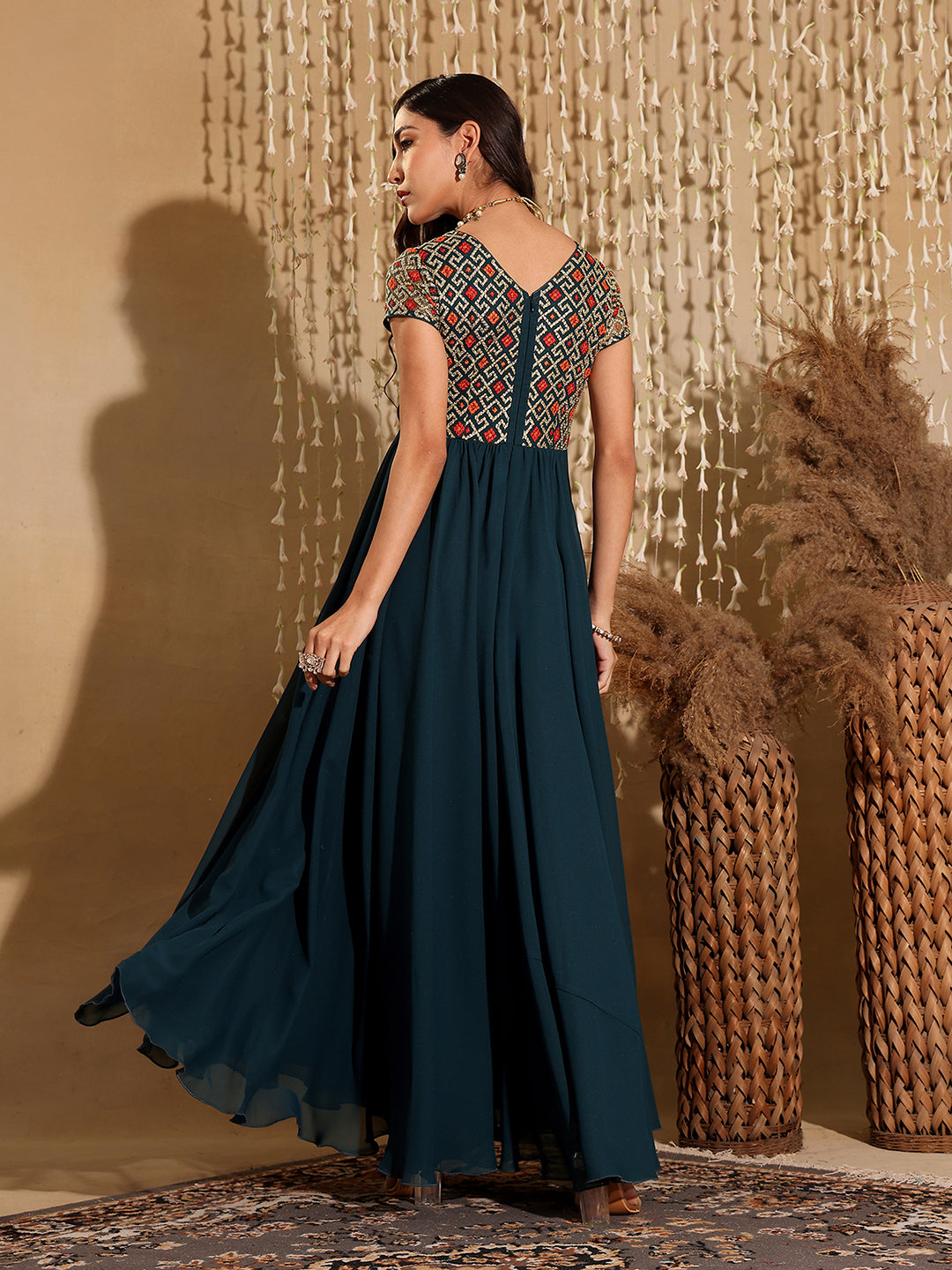 Women's Multicolored-Base-Teal Round Neck Short Sleeve Embroidered Fit and Flared Georgette Maxi Dress
