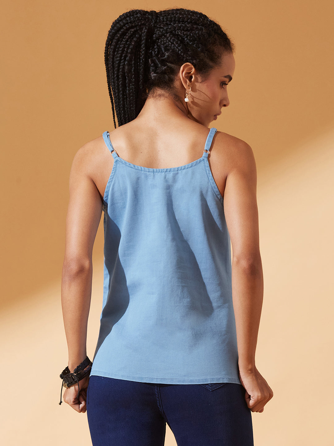 Light-Blue V Neck Sleeveless Cotton Solid Denim Spaghetti Top for Women