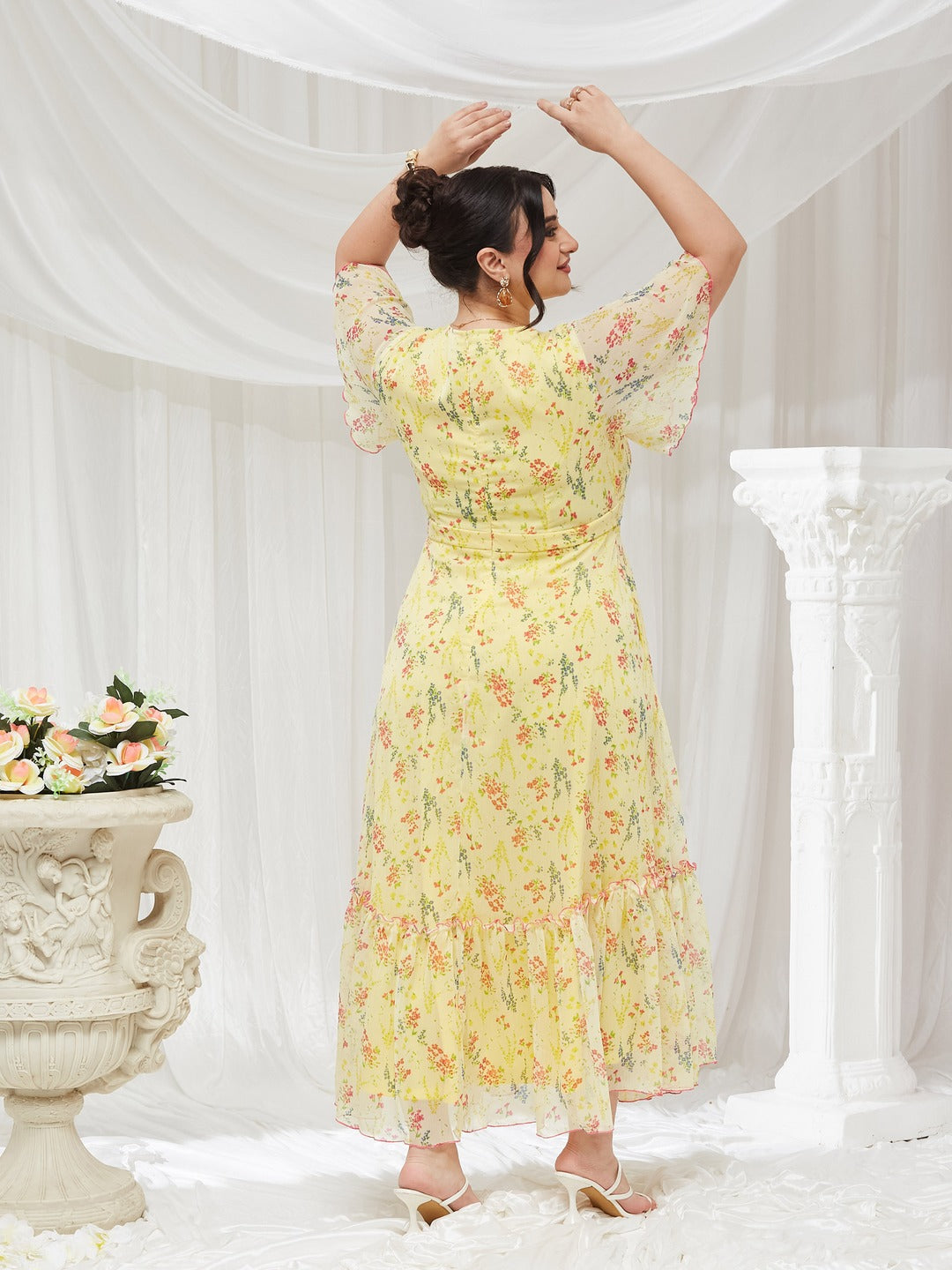 Yellow V Neck Flared Sleeve Floral Wrap Maxi Dress for Women — Miss Chase A+