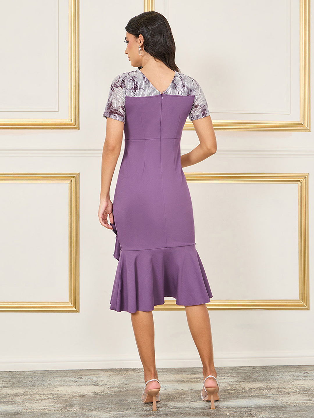 Women's Dark Lavender Round-Neck Regular Sleeve Abstract Ruffled Polyester Knee-Long Dress
