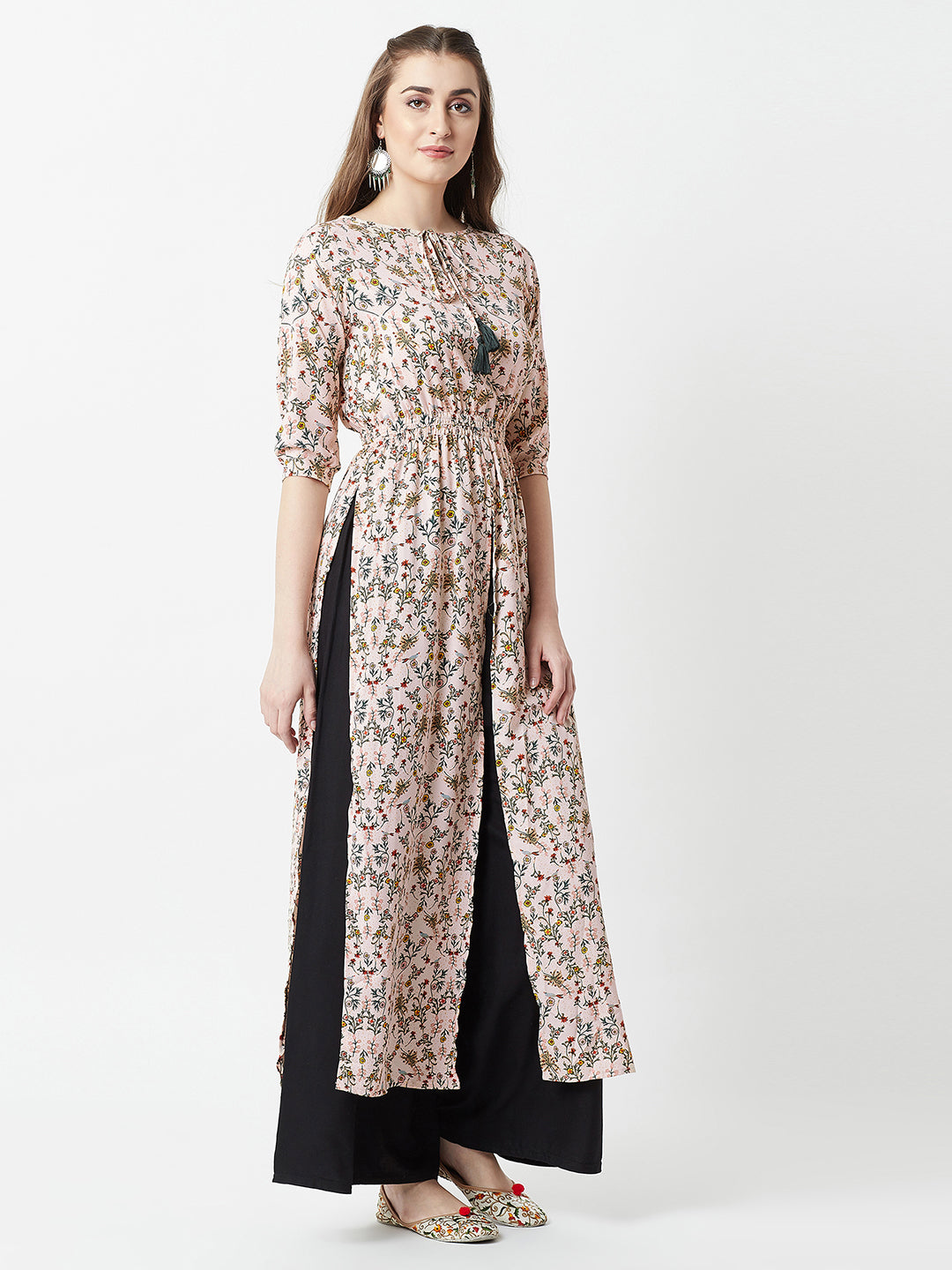 Peach Round Neck 3/4 Sleeve Floral Tie-Up Tassel Detailing Front Slit Maxi Top for Women