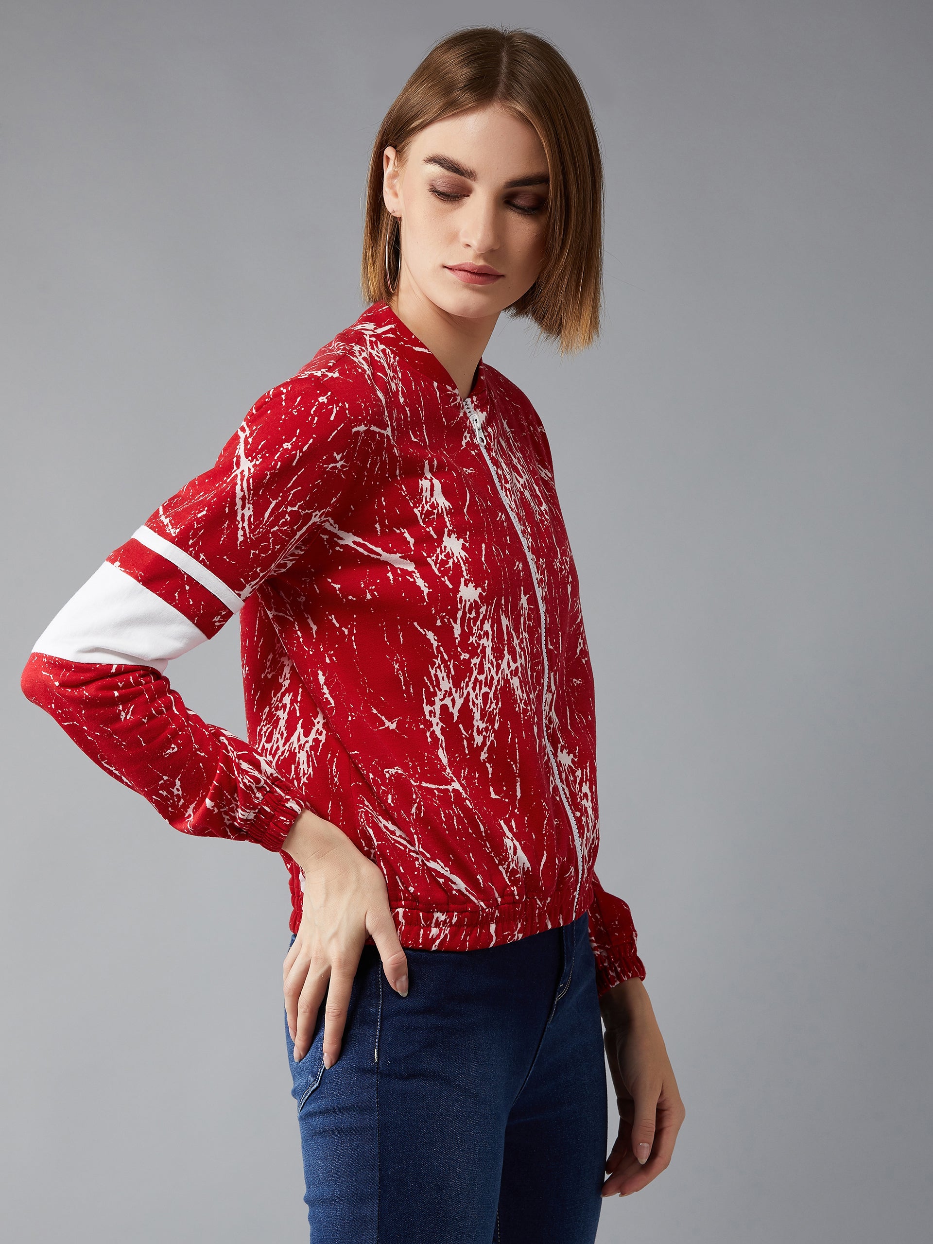Women's Multicolored-Base-Red Round Neck Full Sleeves Printed Bomber/Paneled Regular Length Jacket