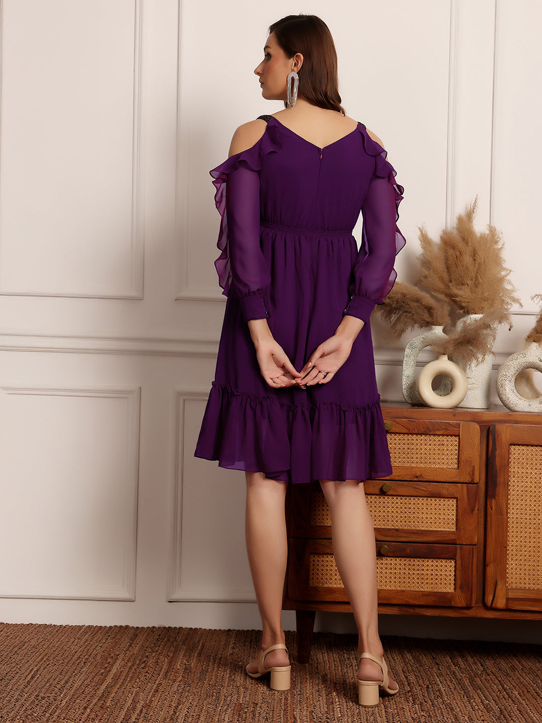 Women's Dark Purple Solid Round Neck Full Sleeves Polyester Ruffled Knee Length Dress