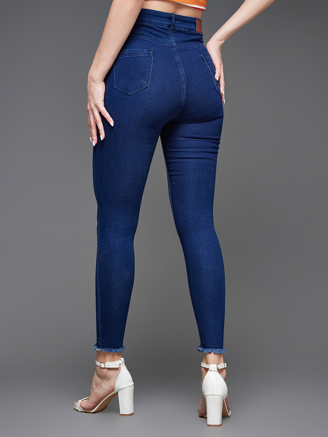 Women's Navy-Blue Skinny High-Rise Fringed Hemline Cropped Stretchable Denim Jeans