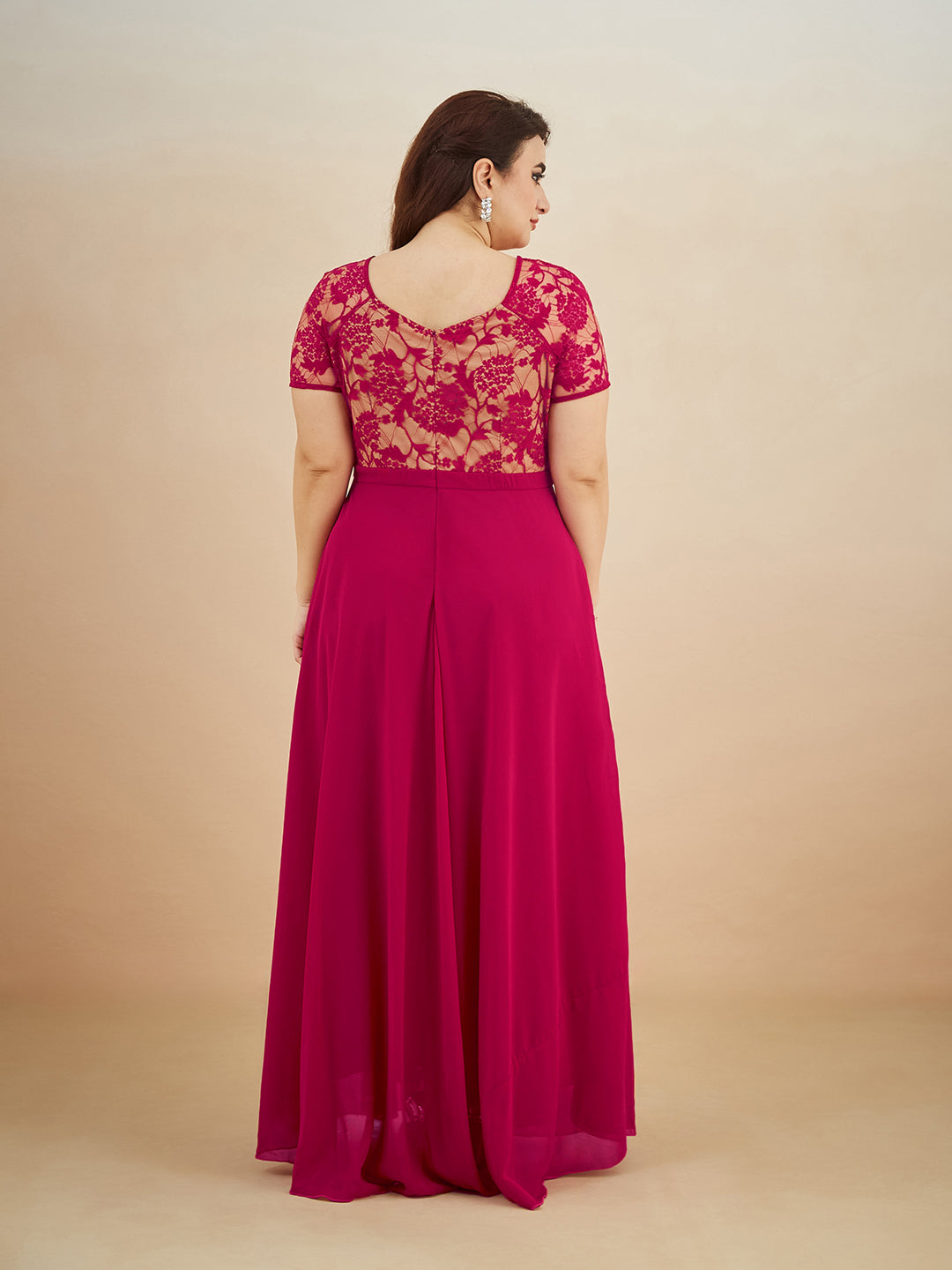 Dark Pink Square Neck Raglan Short Sleeve Self Design Lace Overlaid Georgette Maxi Dress for Women — Miss Chase A+