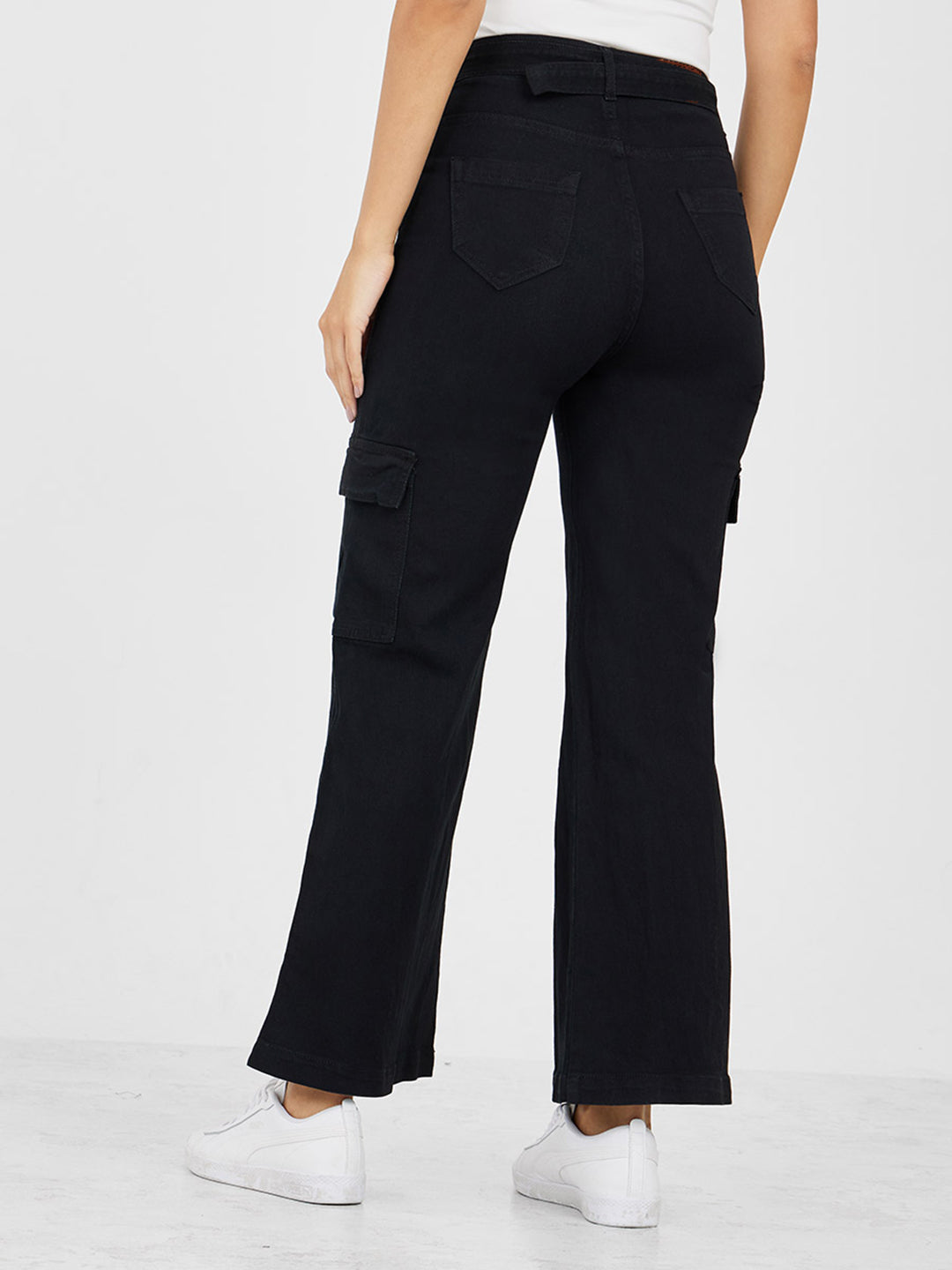 Women's Black Wide leg High rise Clean look Regular Stretchable Denim Jeans