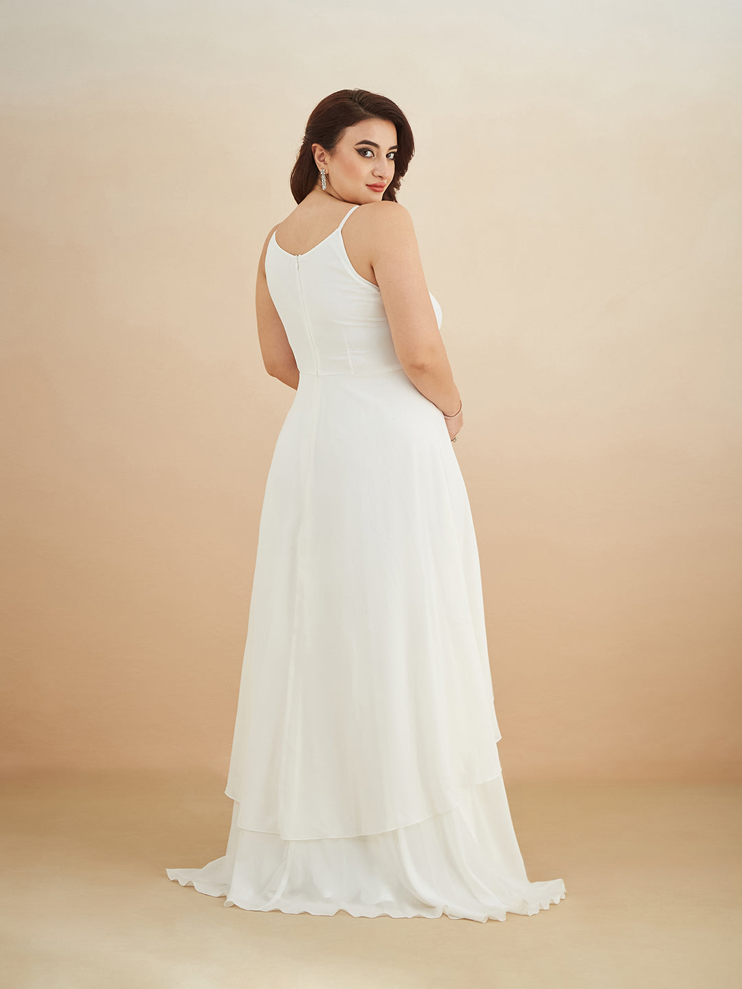 Off White Round Neck Sleeveless Solid Embellished Maxi Dress for Women — Miss Chase A+