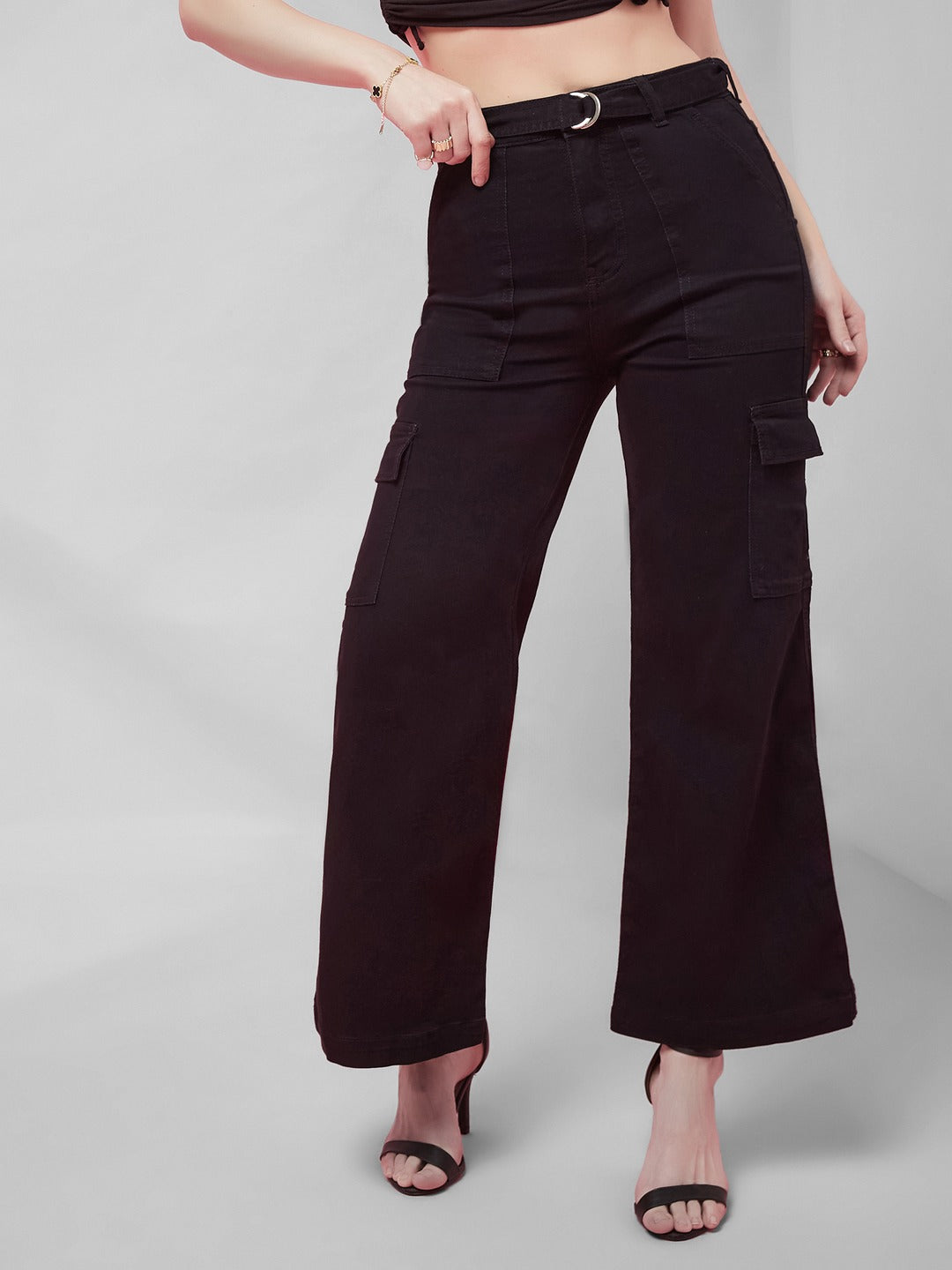 Black Wide leg high-rise Regular Stretchable Denim Jeans for Women