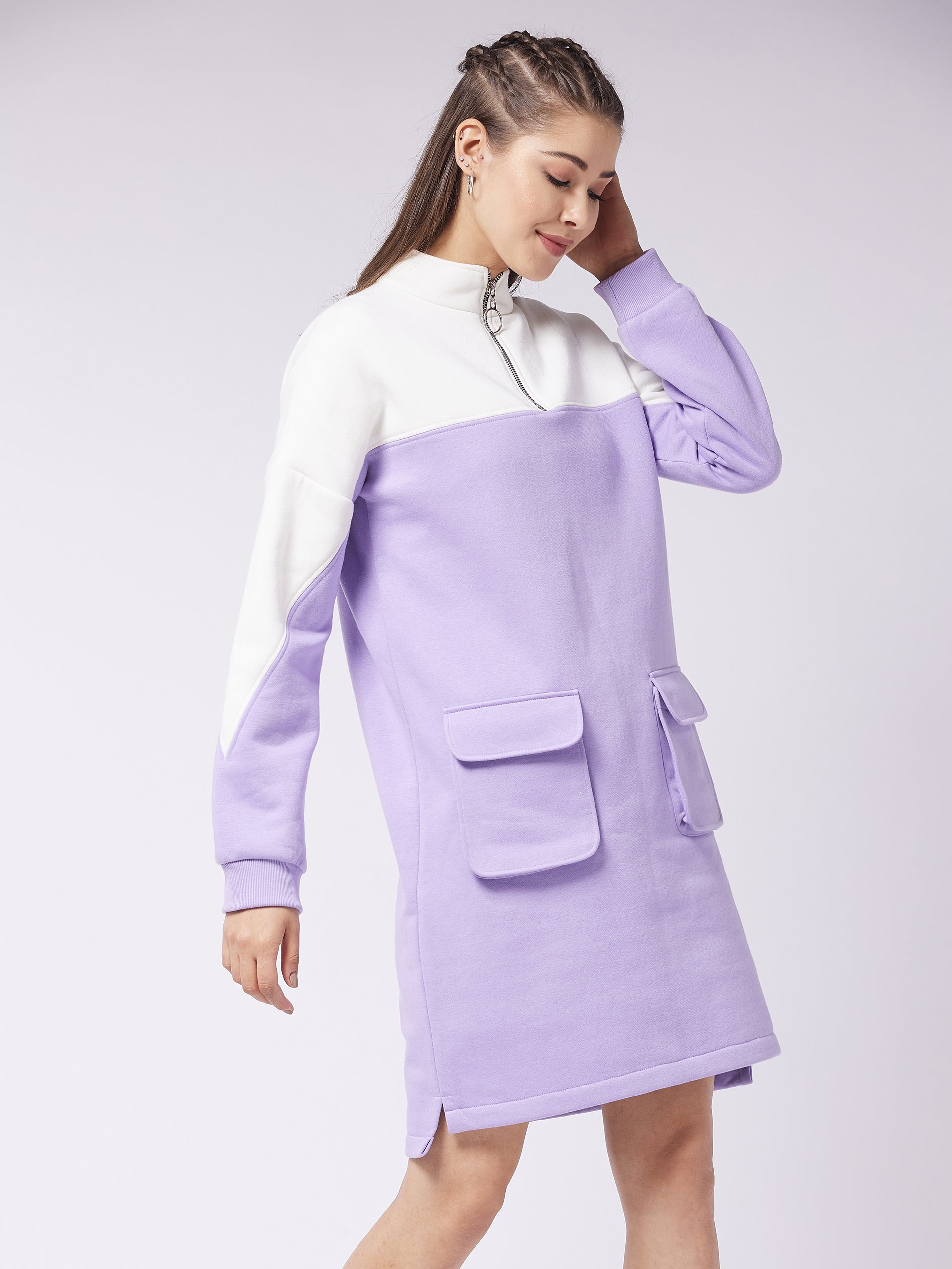 Women's Lavender & Off-White Mock Neck Full Sleeve Solid Color Blocked Knee Length Dress