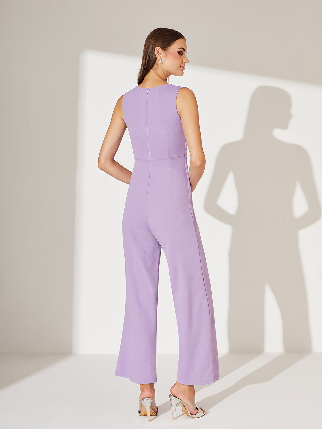 Light Lavender V-Neck Sleeveless Solid Wrap Regular Length Jumpsuit for Women