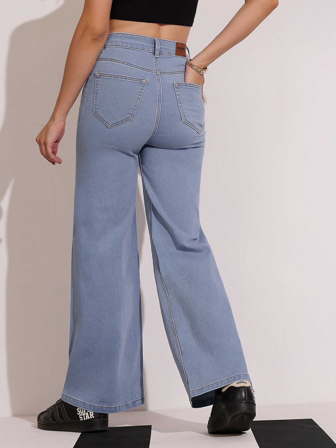 Women's Light Blue High-Rise Wide Leg Stretch Denim Jeans with Tie-Up Waist