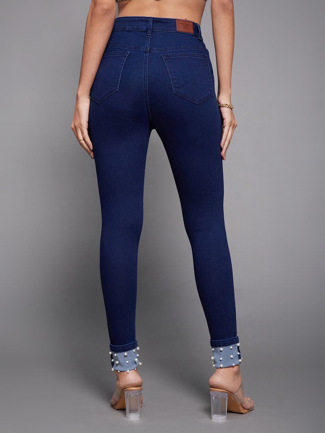 24/7 Comfort Navy-Blue Skinny-Fit High-Rise Pearl Embellished Stretchable Denim Jeans