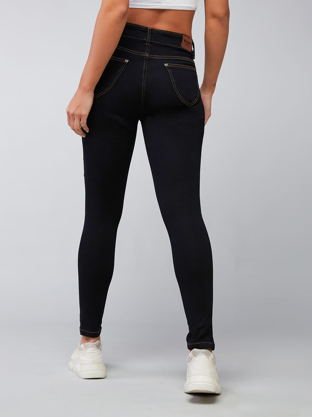 Women's Black Skinny High-Rise Side-Slit Solid Eyelet Embellished Cropped-Length Stretchable Denim Jeans