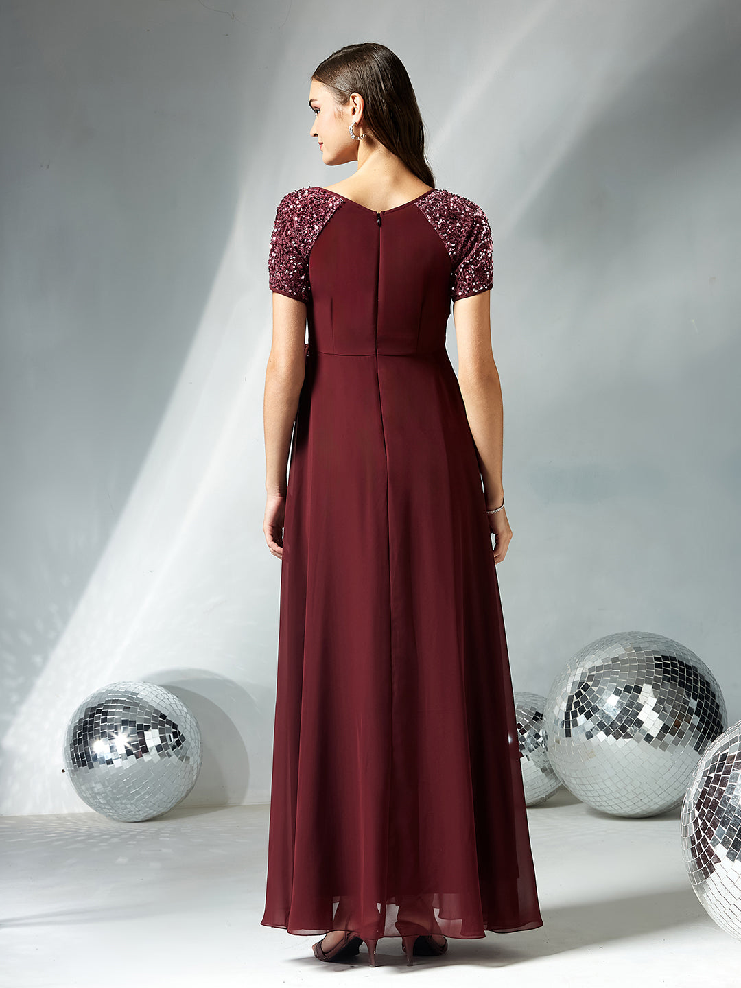 Wine Relaxed Fit Maxi Georgette Dress for Women — Miss Chase