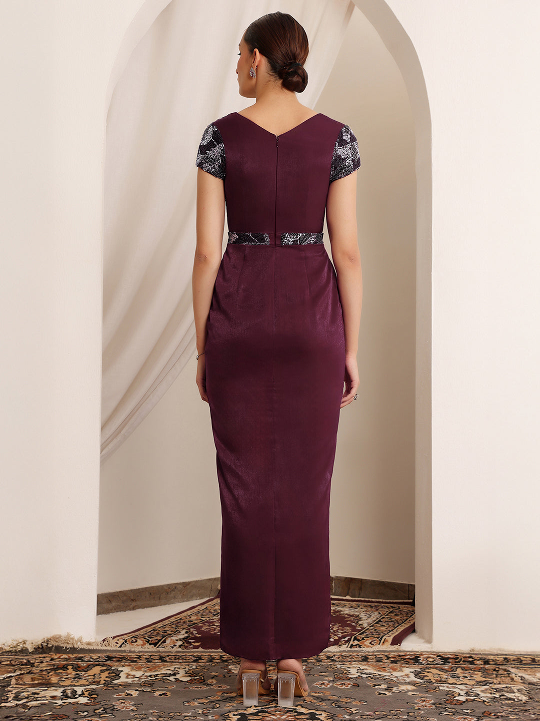 Women's Wine V-Neck Short Sleeve Embellished Pleated Satin Maxi Dress