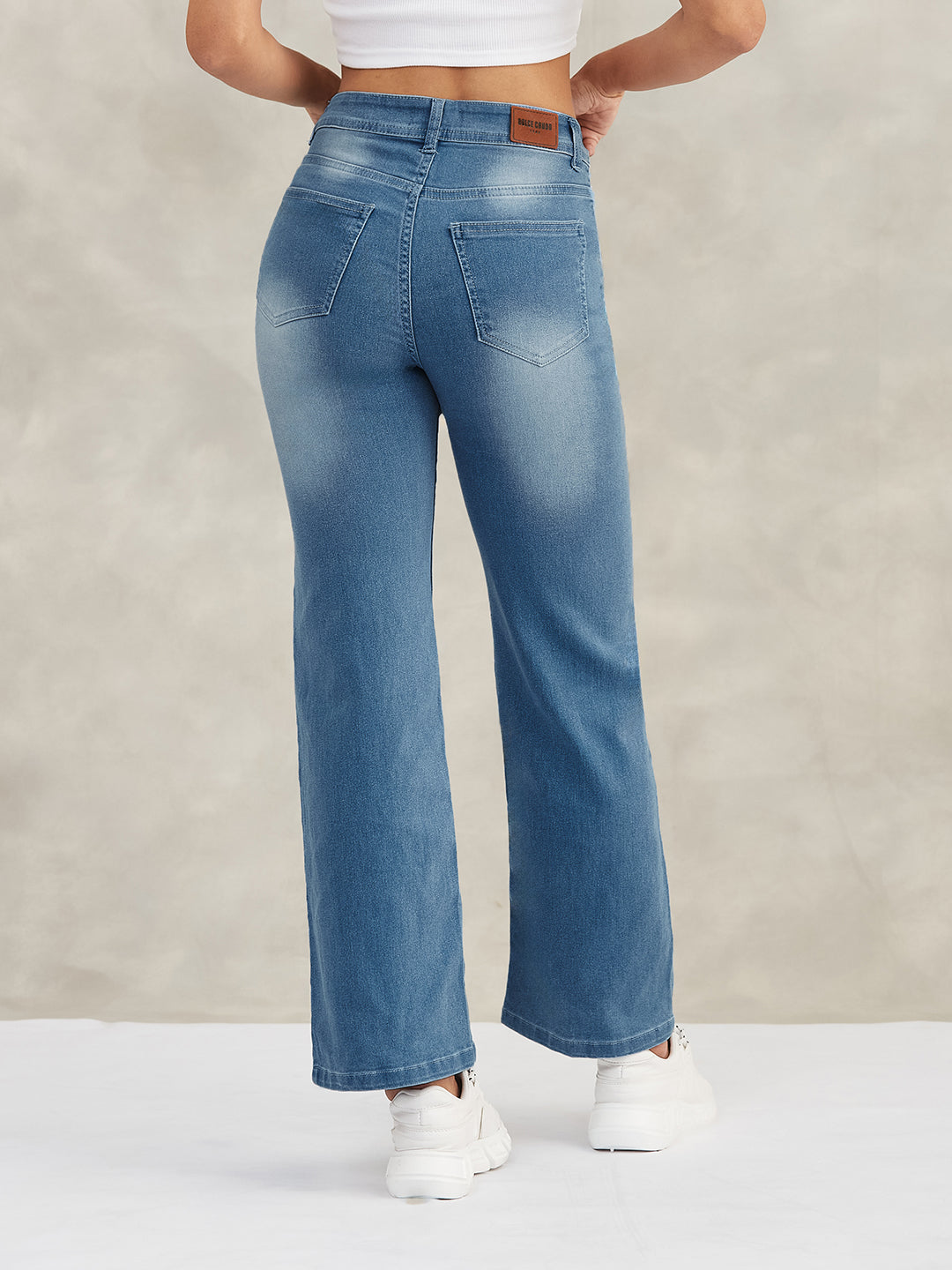 Women's Light Blue Wide-Leg Mid-Rise Blast-Effect Lightweight Denim Jeans