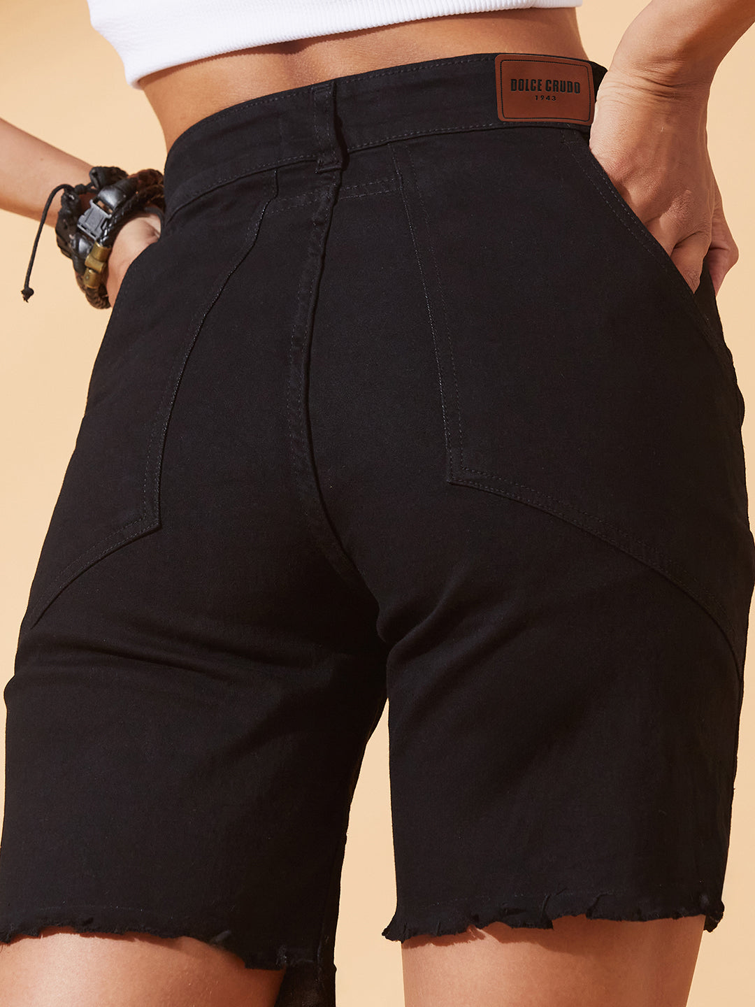 Black Regular High-Rise Above Knee Stretchable Denim Shorts for Women