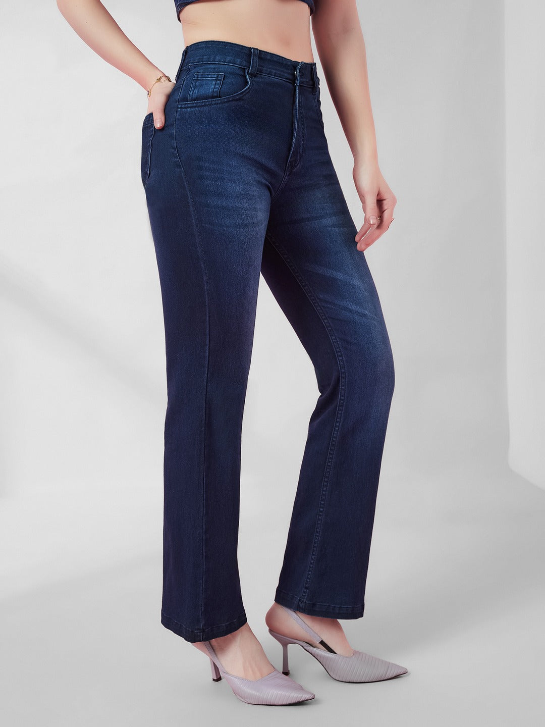 Navy blue Bootcut Mid rise Regular Stretchable Denim Jeans for Women