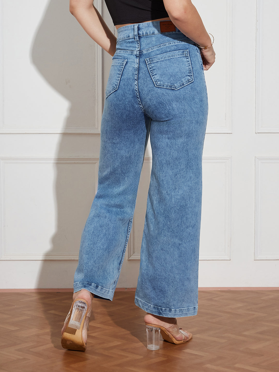 Women's Light Blue Wide-Leg High Rise Clean Look Regular Stretchable Denim Jeans