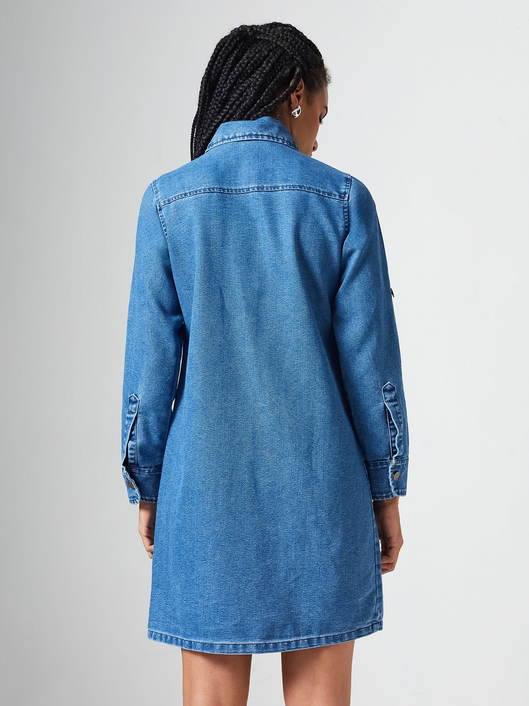 Navy Blue Solid Polo Neck Full Sleeves Patch Pocket Denim Overcoat Knee-Length Jacket for Women