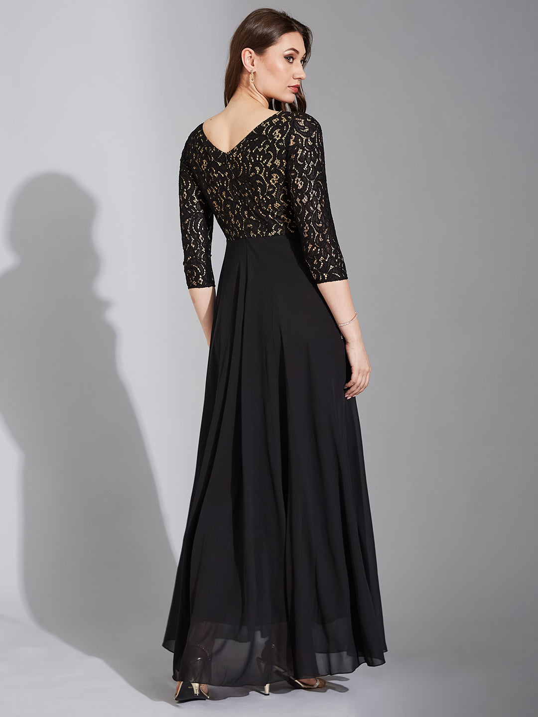 Women's Black Self Design Boat Neck 3/4 Sleeves Side Pocketed Georgette Fit and Flare Maxi Length Dress