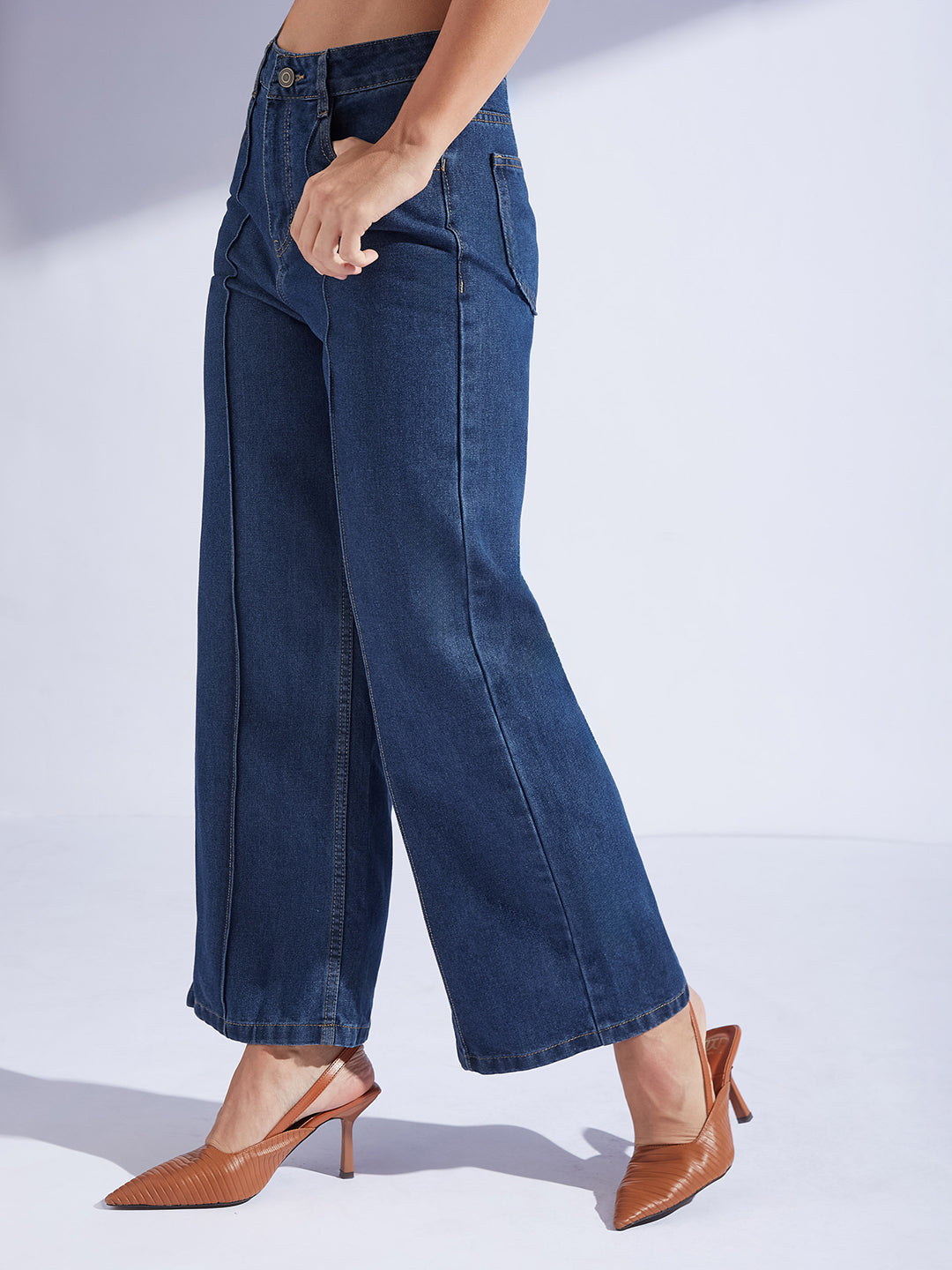 Women's Navy Blue Wide-Leg High-Rise Non-stretchable Denim Jeans