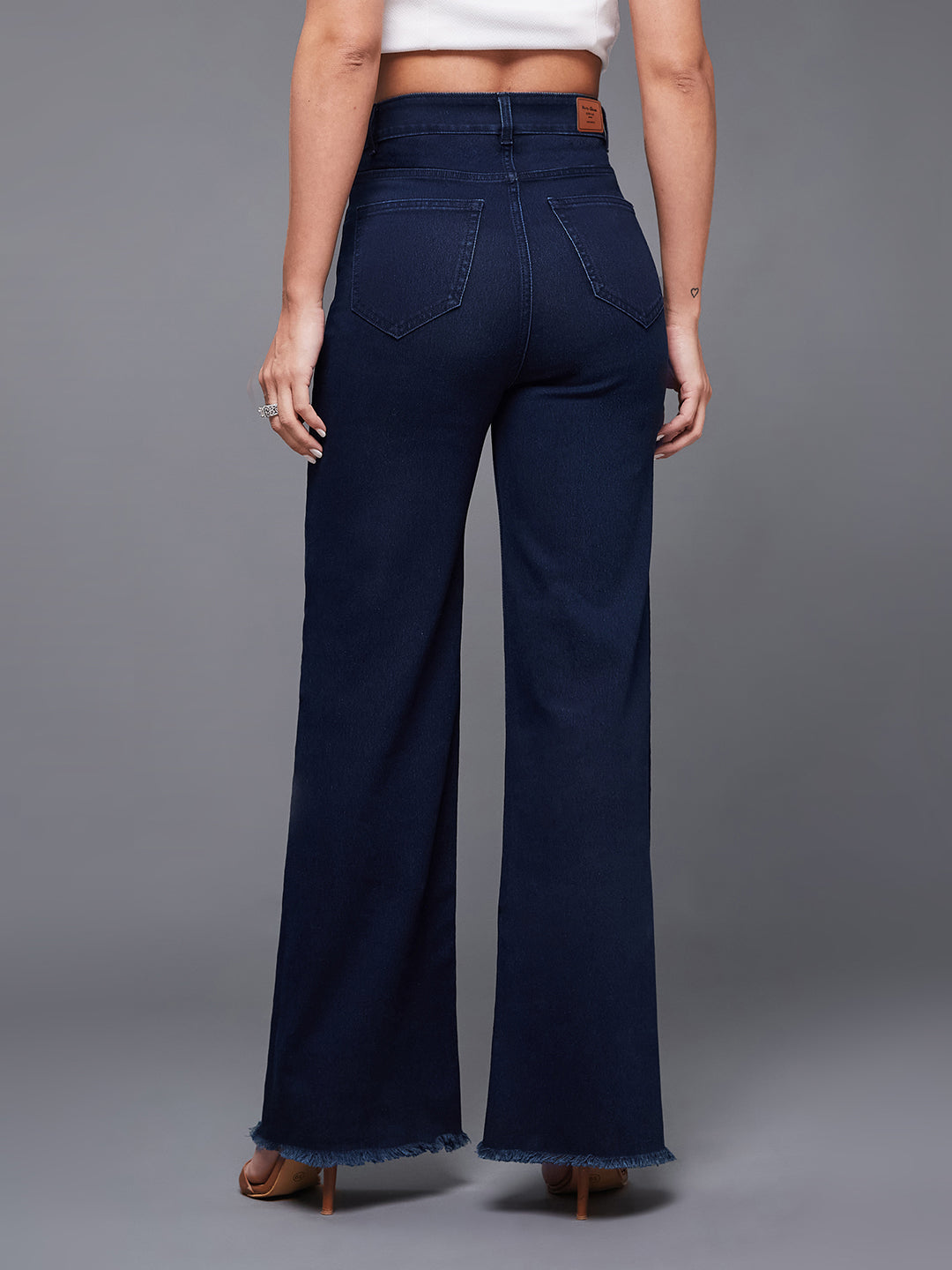 24/7 Comfort Women's Navy Blue Wide-Leg High-Rise Clean-Look Regular-Length Stretchable Denim Jeans