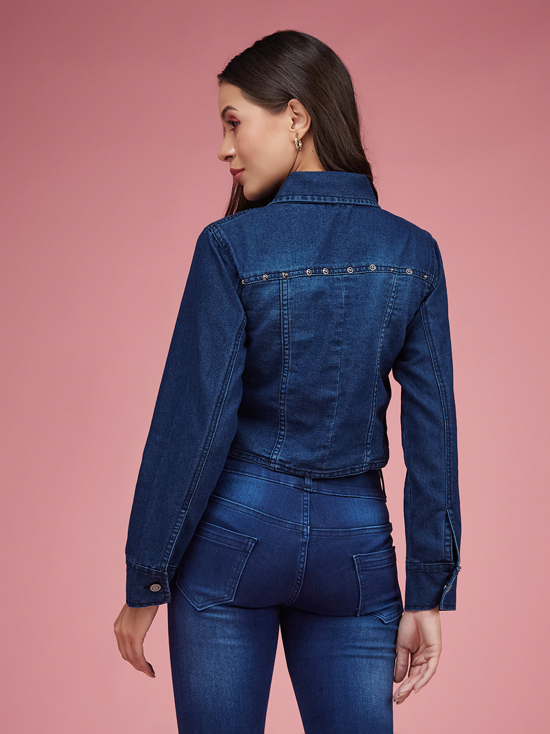 Navy-Blue Solid Polo Neck Full Sleeves Buttoned Denim Embellished Cropped Jacket for Women