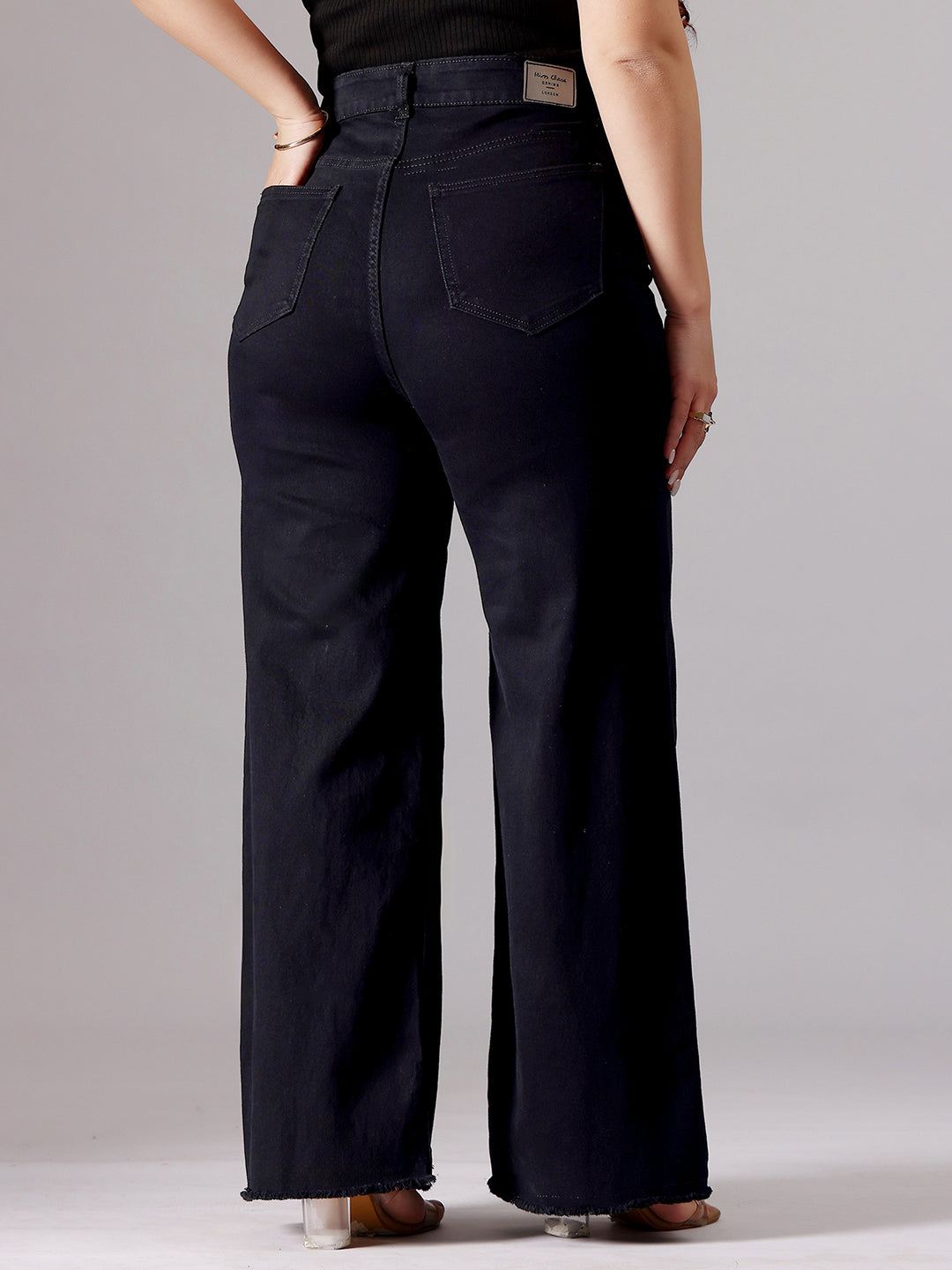 Women's Black High-Rise Clean-Look Stretchable Wide-Leg Denim Jeans