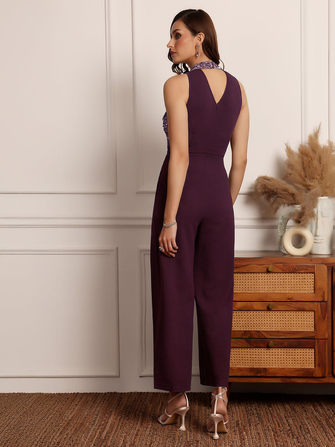 Women's Dark Purple Halter Neck Sleeveless Embellished Regular-Length Jumpsuit