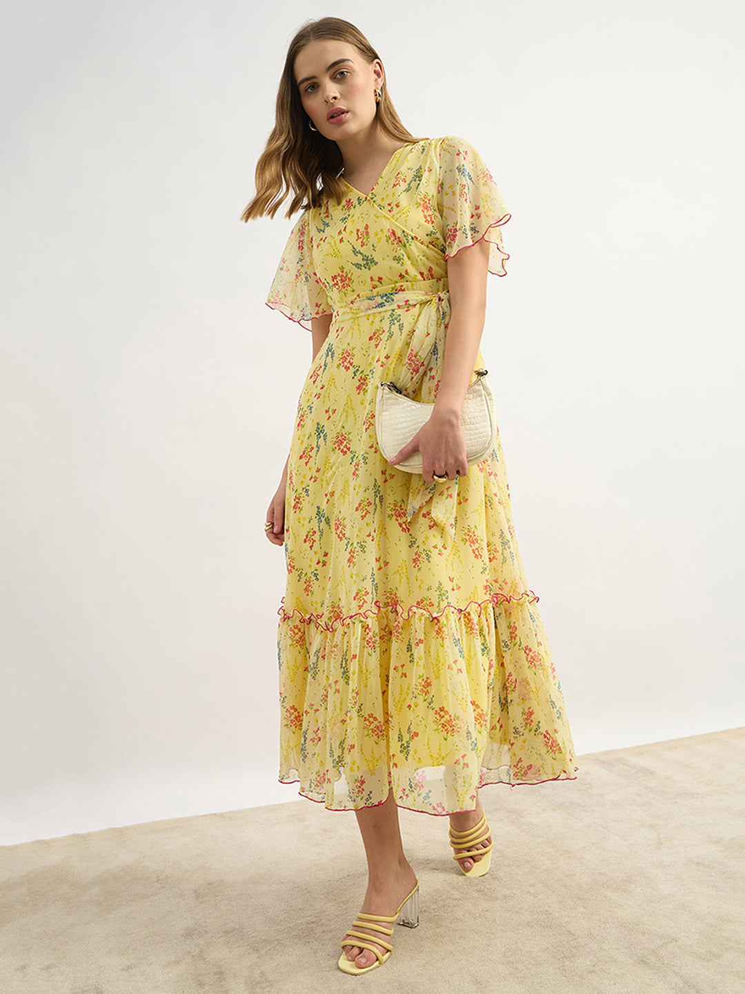 Women's Multicolored-Base-Yellow V Neck Flared Sleeve Floral Wrap Maxi Dress